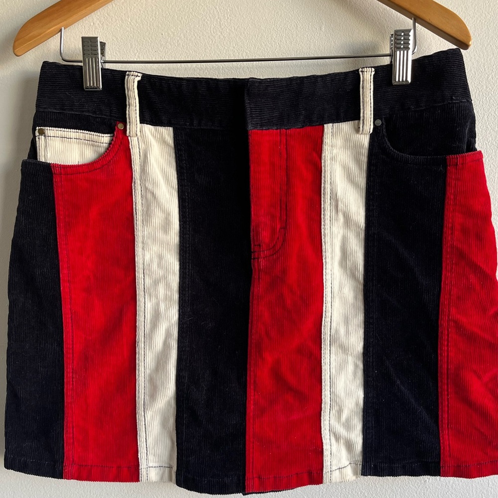 Tommy Hilfiger Mini Skirt Corduroy Y2K Red White Blue Color Block Stretch Sz 8